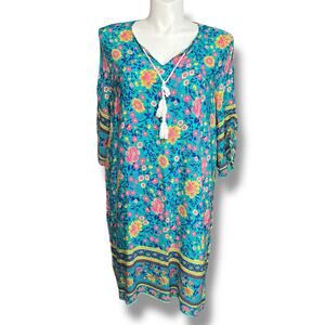 Halife Womens Tunic Dress Floral Tasseled V Neck Coastal Teal Pink Orange 2XL